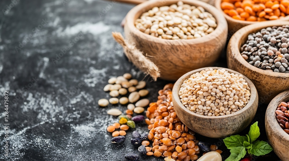 Aufkleber assorted healthy grains and legumes displayed in wooden bowls on dark stone texture background : gen