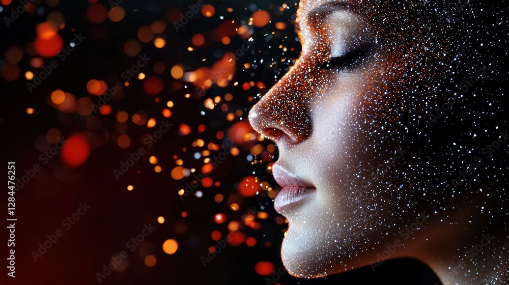 Poster a womans profile is highlighted by glowing particles, creating an ethereal atmosphere. the backgroun