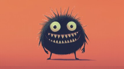 Fototapeta premium A quirky and animated creature with a round, fluffy body and oversized eyes. It stands cheerfully against a vivid orange backdrop, showcasing its sharp teeth and playful expression