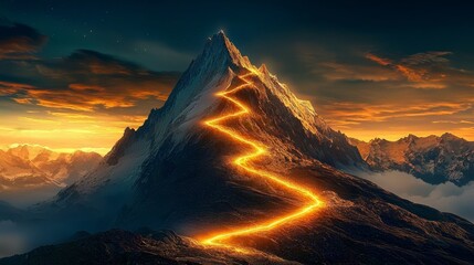 A radiant pathway leading to mountain summit symbolizes successful business strategies. 