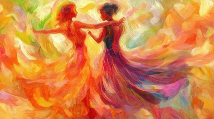Colorful impressionist painting of two women dancing together in flowing dresses