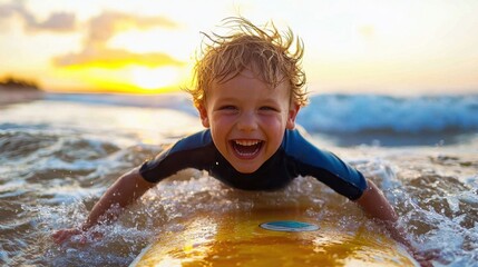 A delighted boy rides a yellow surfboard in the ocean waves during sunset. The sun sets behind him, creating a warm, golden atmosphere as he smiles broadly enjoying his time