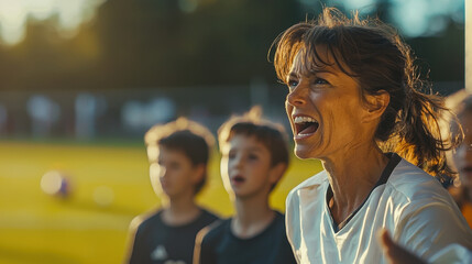 A coach passionately motivates her team of young athletes during an evening soccer practice. The kids appear focused and inspired as they listen intently