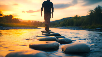 Man carefully crossing a river by walking on stones at sunset, embodying patience, self discovery and personal growth, searching for a new path