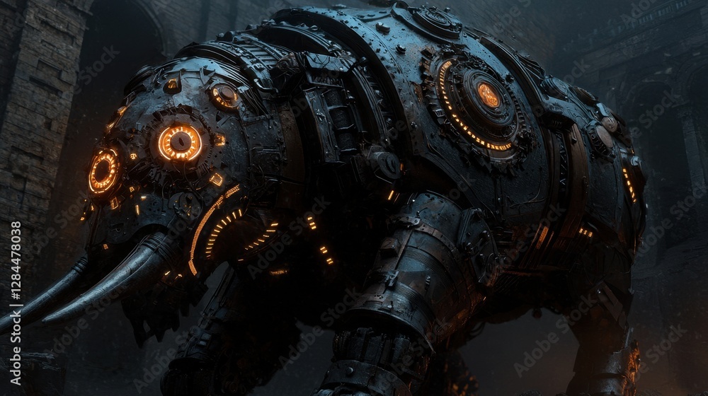 Poster a large mechanical creature resembling an elephant is positioned in a dimly lit urban space. its bod