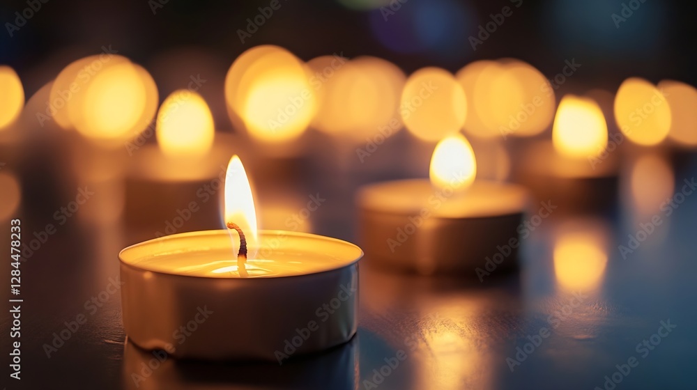 Fototapete beautiful close up of a single candle burning among a soft glow of multiple candles in a serene sett