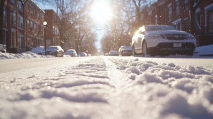 Soft snow blankets the street, glimmering in sunlight. Parked cars are visible along the residential road, highlighting a serene winter scene