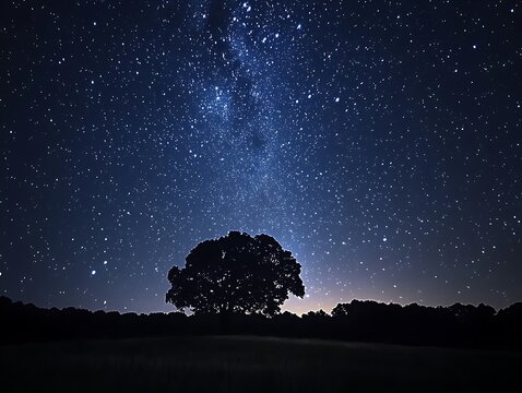 A beautiful night sky reveals stars above a large tree - Powered by Adobe