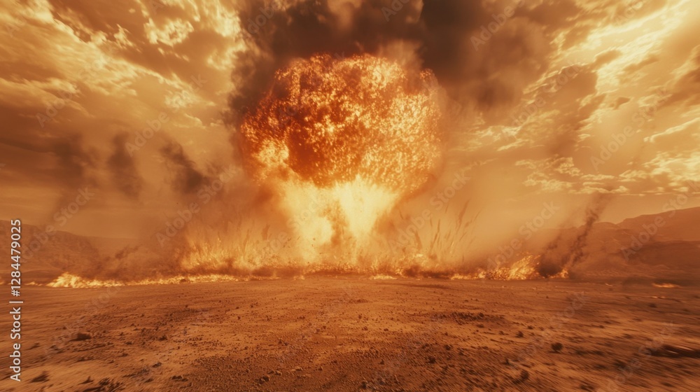 Poster a large explosion sends flames and smoke into the sky, creating a powerful spectacle. the surroundin