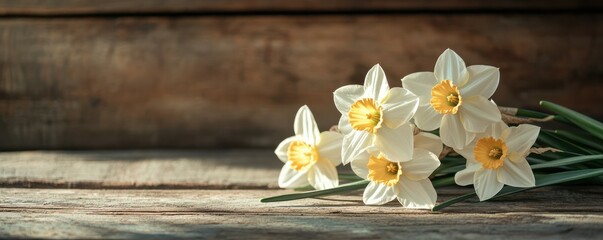 Fresh white daffodils arranged on rustic wooden surface