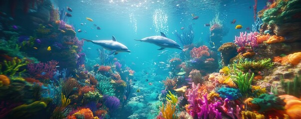Fototapeta premium Vibrant coral reef with dolphins and colorful tropical fish underwater