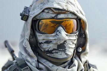 A soldier wears protective gear and goggles in a snowy landscape for military operations.