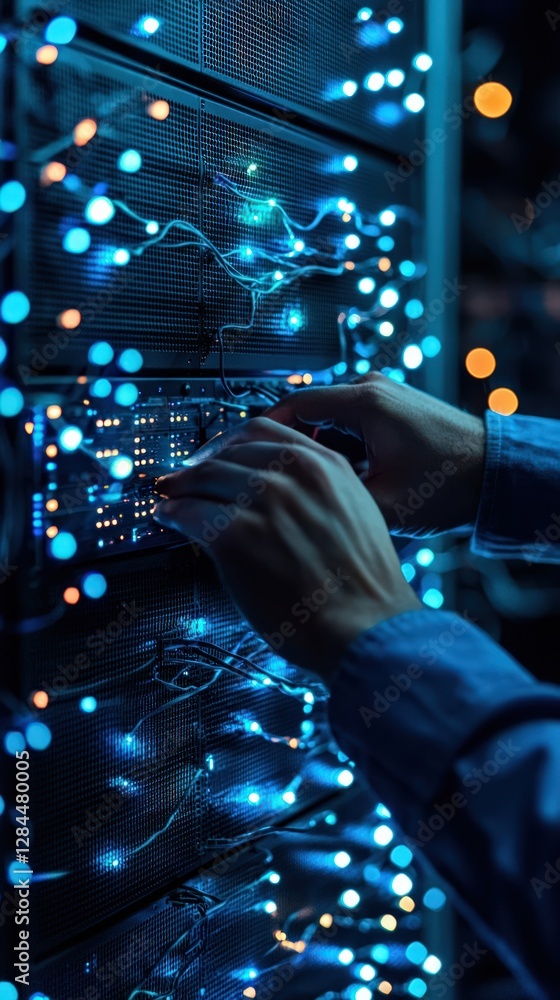 Poster technician adjusting data server with blue led lights in a high-tech environment