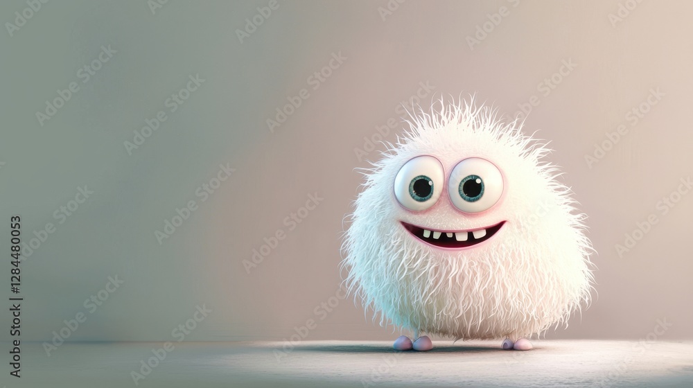 Poster a fluffy creature with a round shape and large eyes smiles brightly in a softly lit space. its white
