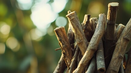 Fototapeta premium Natural Brown Wooden Sticks Pile Rustic Texture Background Forest Nature Sunlight Organic Branch Closeup Detailed Image Photography Warm Light Summer 
