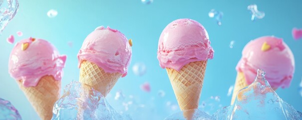 Delicious pink ice cream cones on icy background with heart accents