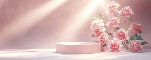 Elegant pink floral arrangement with empty pedestal in soft sunlight
