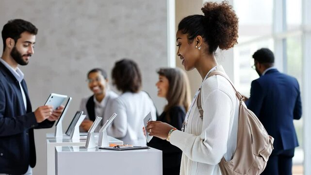 Conference Registration Desk with Attendees Checking In