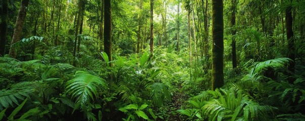 Dense tropical rainforest with lush green foliage and tall trees