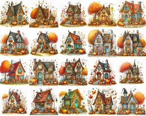 Naklejka premium Watercolor Autumn House. AI generated illustration