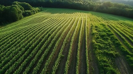 Fototapeta premium Aerial view of lush green agricultural fields with neatly arranged rows in natural lighting : Generative AI