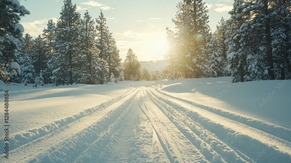 Poster a tranquil winter path lined with snow-covered trees, illuminated by the warm glow of the setting su