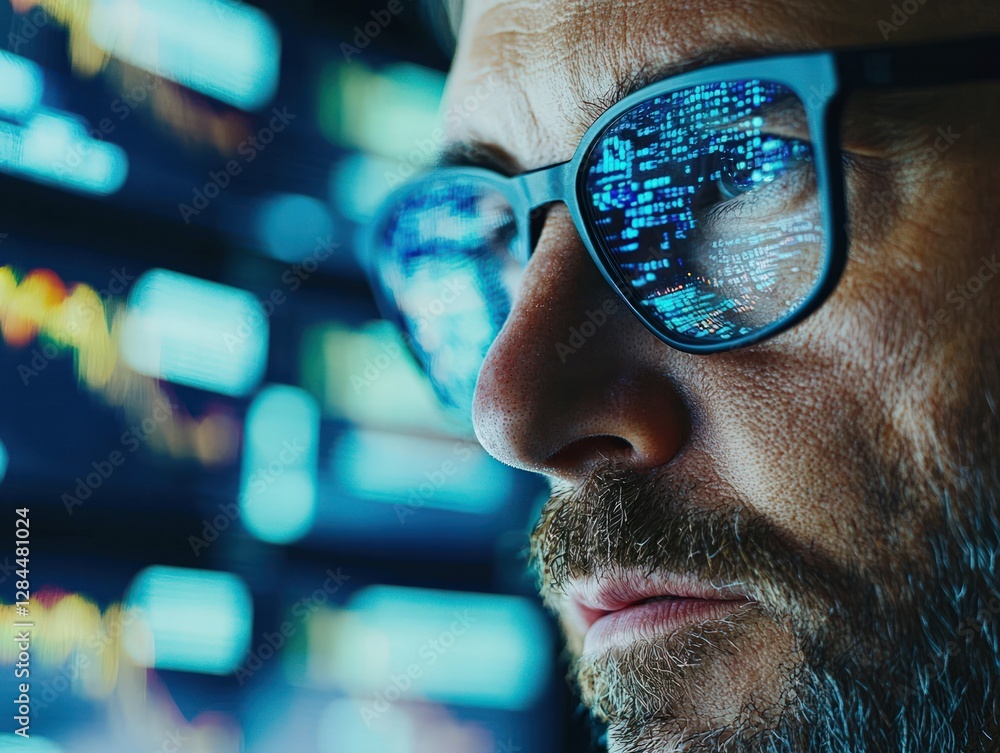 Poster man with glasses analyzing data reflected in lenses in front of digital screens