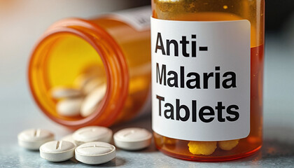 Anti-malaria tablets in orange prescription bottle