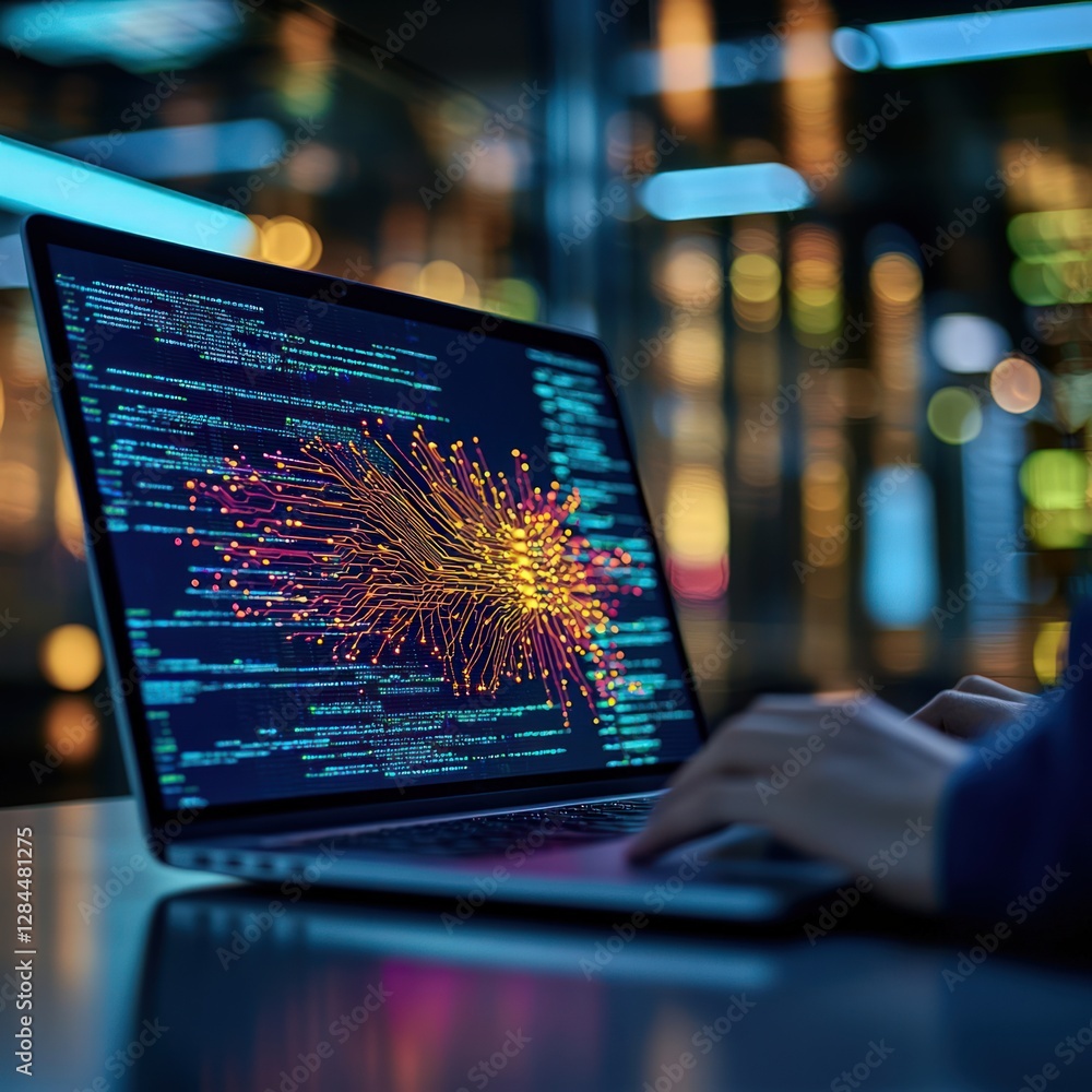 Aufkleber hands typing on laptop with colorful data visualization displayed on screen at night