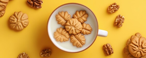 Leaf-shaped cookies in milk with walnuts on yellow background
