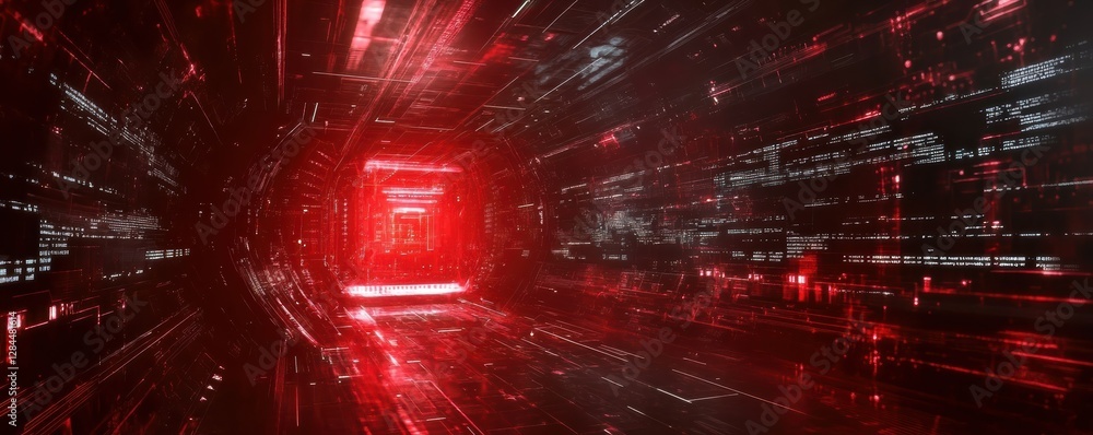 Poster futuristic red digital tunnel with data streams and sci-fi technology