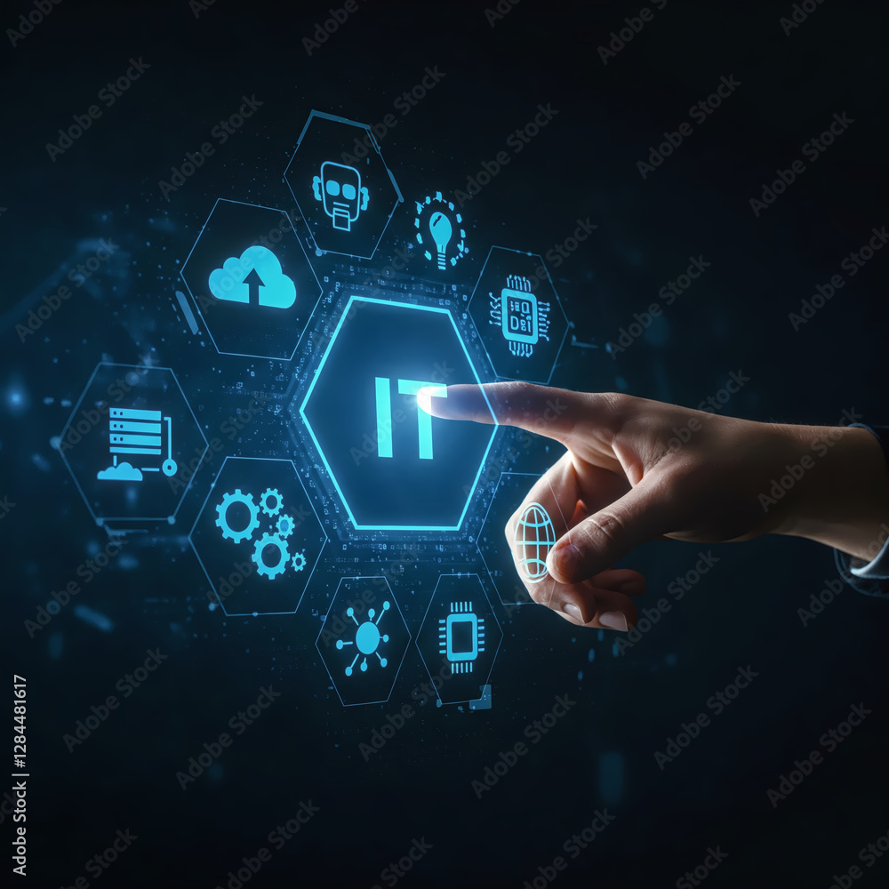 Poster it innovation: a close-up shot of a hand interacting with a glowing digital interface showcasing var