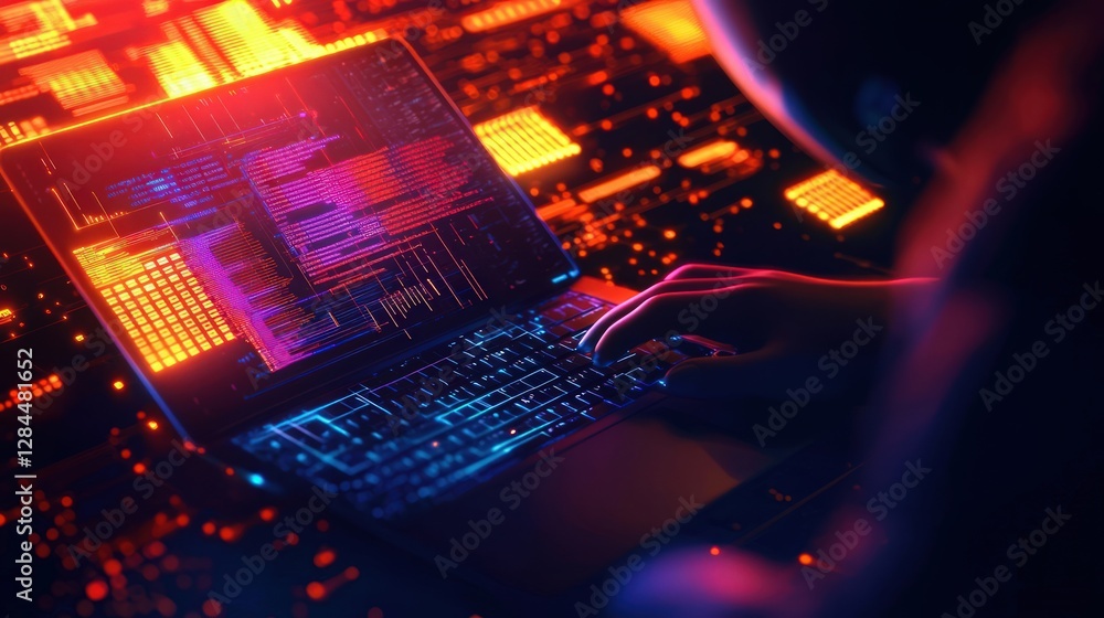 Poster futuristic environment with hands typing on laptop surrounded by colorful digital data visualization