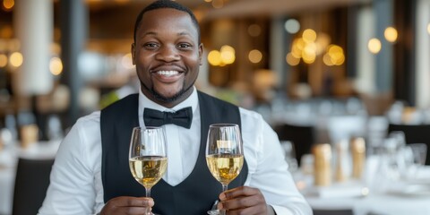 Smiling waiter expertly balancing two glasses of wine, exuding warmth and professionalism in a refined dining atmosphere.