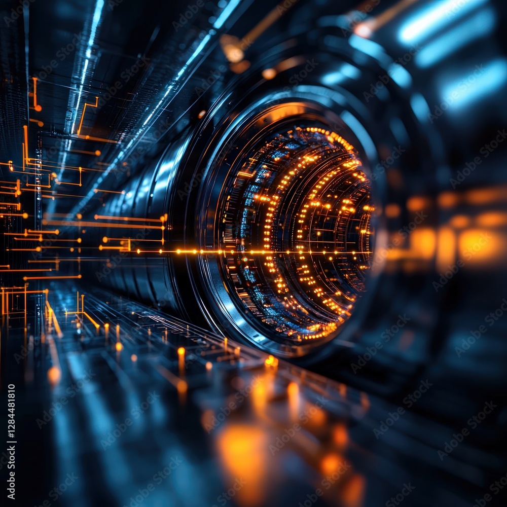 Poster futuristic abstract digital tunnel with illuminated patterns in blue and orange colors