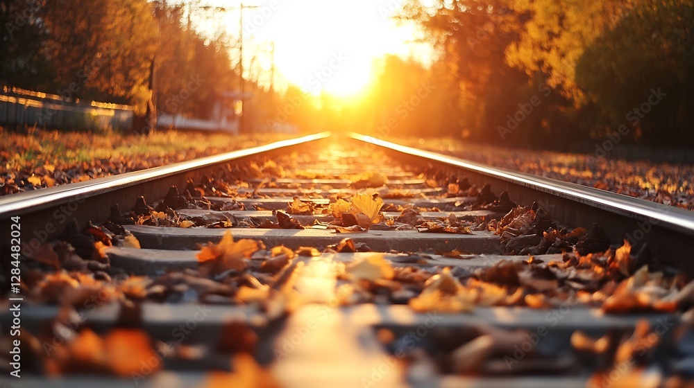Poster golden sunlight streaming through trees over train tracks covered in leaves : generative ai