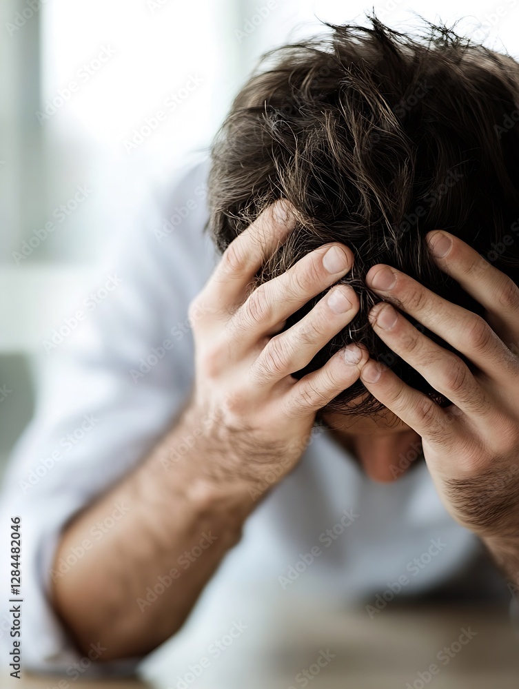 Poster man with hands covering his face expressing deep frustration and emotional distress : generative ai