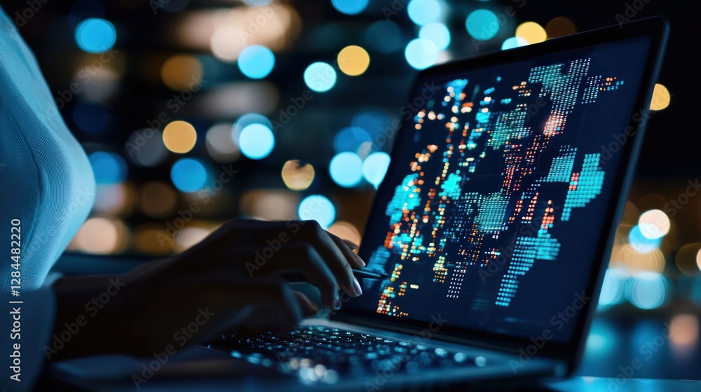 Poster digital technology and global data analysis on laptop screen at night with bokeh background