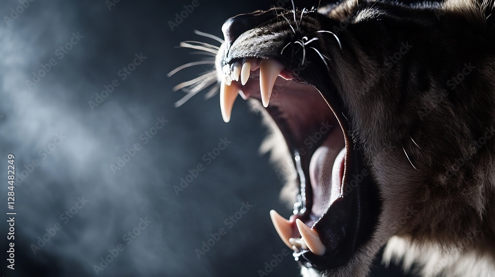 Poster Close Up of a Roaring Tiger Displaying Fierce Teeth and Powerful Presence : Generative AI