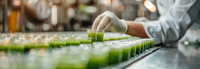 A technician carefully measures green liquid in a modern laboratory setting.