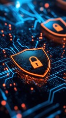 Digital Shield Icons Representing Data Security and Cyber Protection in a High-Tech Network Environment