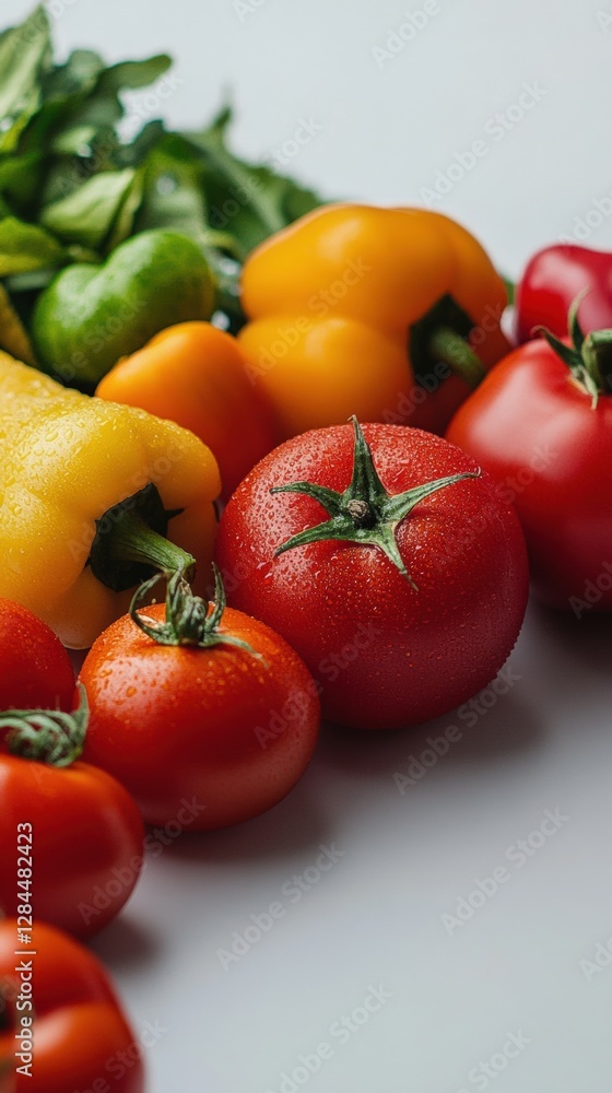 Poster fresh assortment of colorful vegetables arranged on a white surface under natural light. generative 