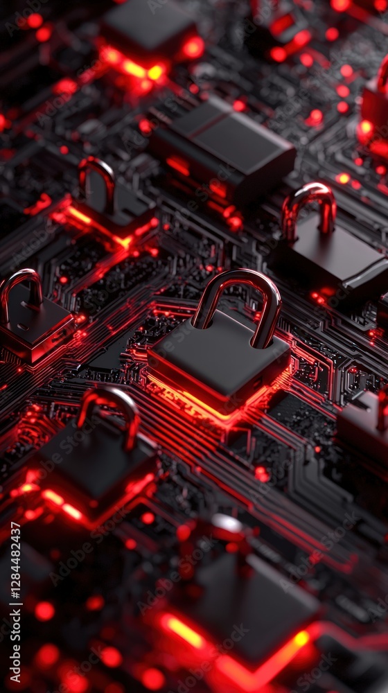 Poster complex network of digital circuitry featuring red locks for enhanced cyber security