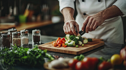 A professional chef in a modern kitchen chopping vegetables on a wooden cutting board, surrounded by neatly organized ingredients. The chef's hands show slight signs of wear from years of experience