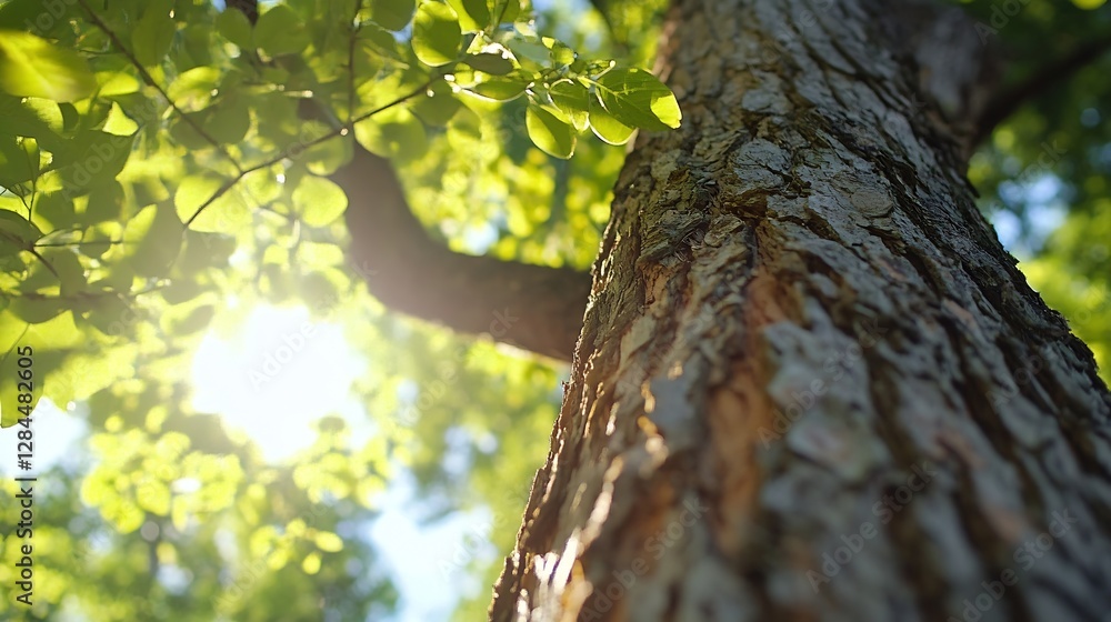 Aufkleber closeup of a tree trunk with sunlight filtering through lush green leaves creating a warm glowing at