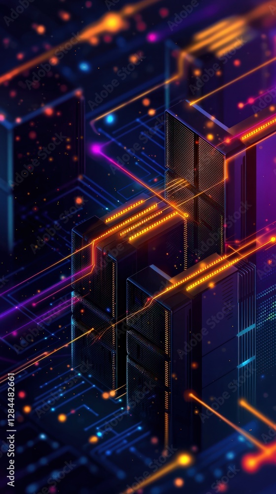 Poster colorful abstract network design with neon lights and digital circuitry patterns