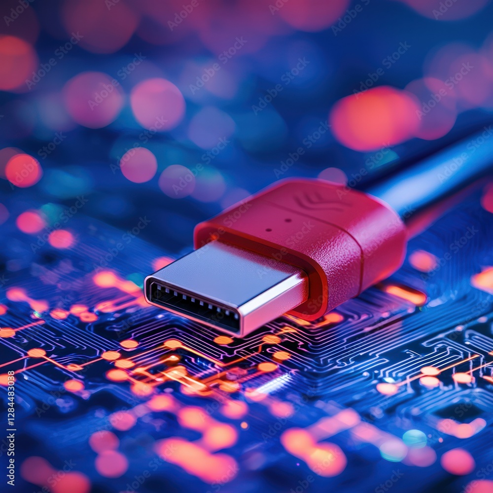 Poster close up of a red usb connector plugged into a circuit board with glowing details