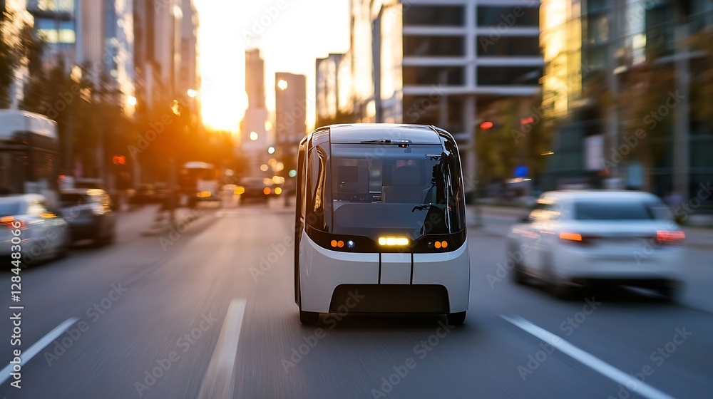 Poster futuristic autonomous vehicle driving through a modern city during sunset with bright lights and dyn