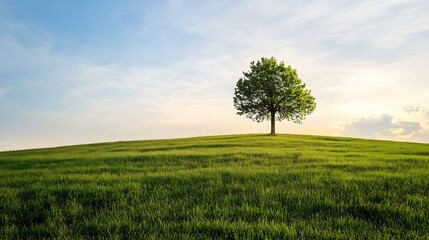 Obraz premium Lone tree standing majestically on a green hill under a bright sky capturing the essence of nature's beauty : Generative AI