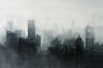 Fototapeta premium A cityscape with tall buildings partially obscured by a dense layer of smog and the sky appearing dull and grey.